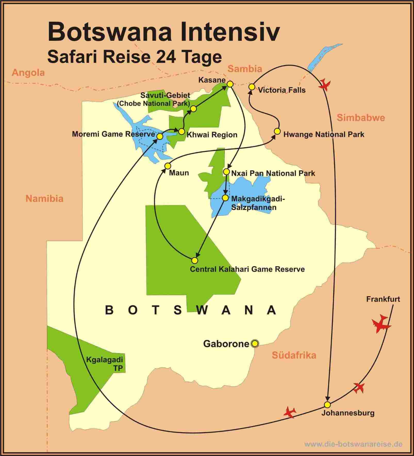 Reiseroute der Botswana Studienreise